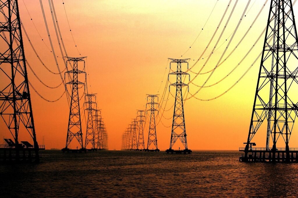 sunrise, electricity pylons, electricity poles, dusk, nature, twilight, landscape